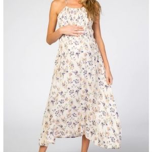 Pinkblush Hayden Cream Floral Smocked Bodice Halter Maternity Midi Dress Small